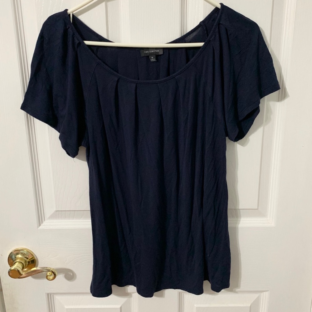 Navy Blue Flowy Pleated Short Sleeve Top